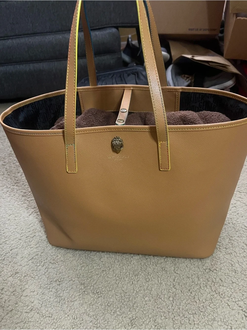 Kurt Geiger Tan Leather Tote with Gold Emblem 11”X17”